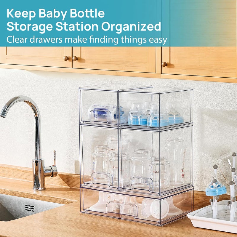 Vtopmart Stackable Storage Drawers Set of 5, Clear Plastic Organizer Bins for Baby Bottle, Beauty Supplies Storage, Ideal for Kichen Countertop, Vanity, Bathroom, Cabinet, Pantry Organization - Image 4